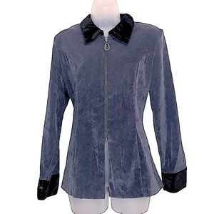 Vintage La Moda Velvet Collar & Cuff Suede Full Zip Jacket Coat Gray Black Large